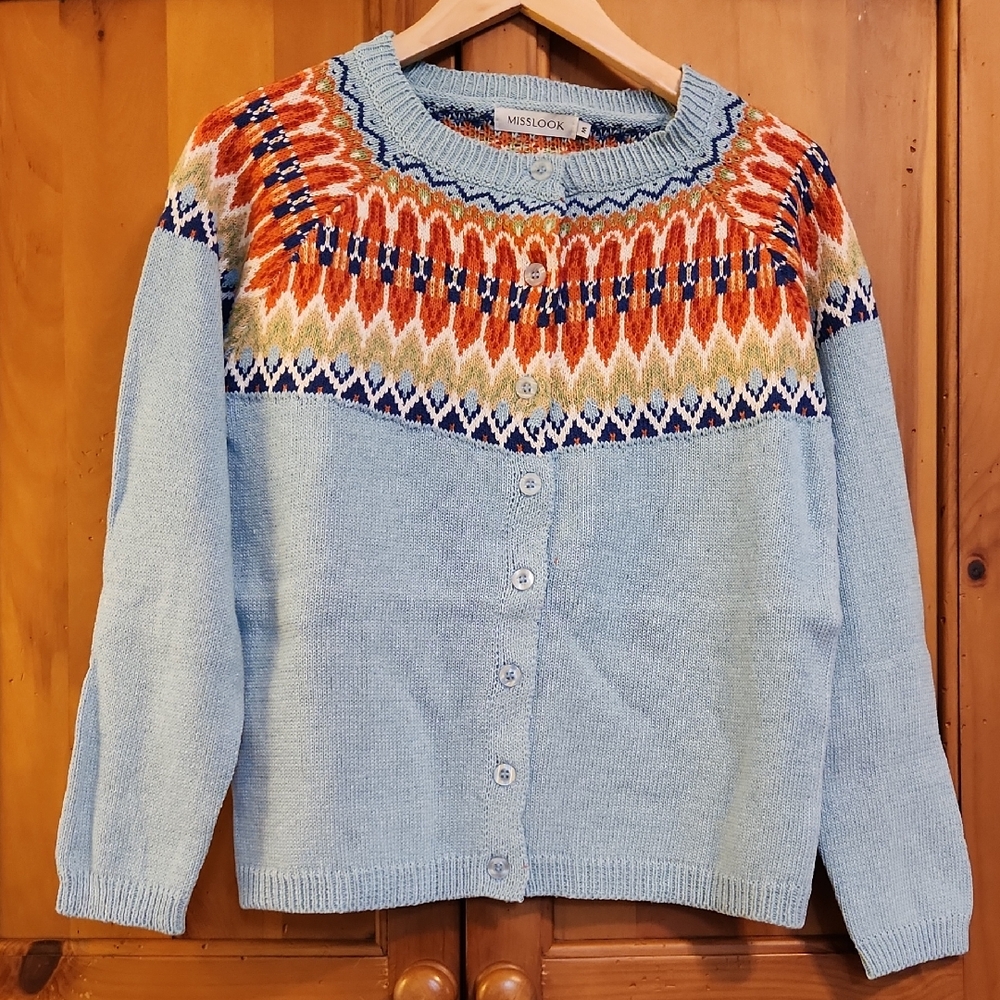 MISSLOOK Women's Blue and Orange Patterned Cardigan